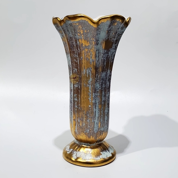 1957 Stangl #3154 Antique Gold, 7.5" 22KT Gold Turquoise Blue Green Flared Vase - Picture 3 of 11